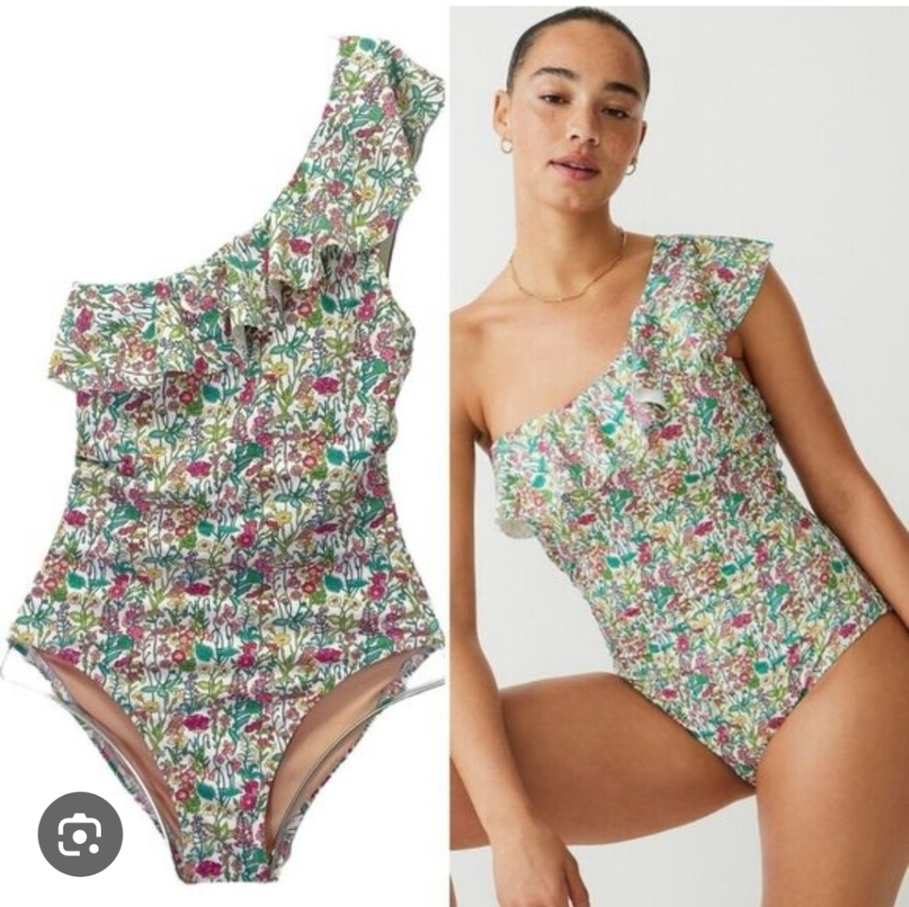 J Crew Sz 14 One Shoulder Ruffle One Piece Swimsuit